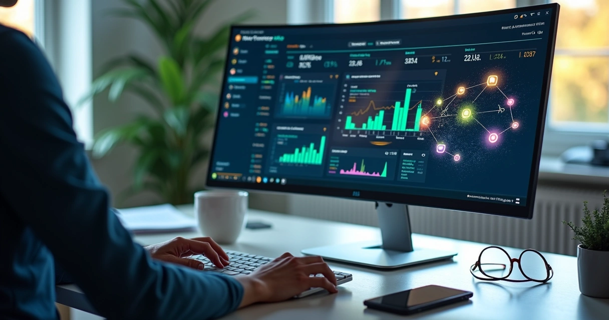 Tela de computador mostrando sistema financeiro automatizado com gráficos e notificações em tempo real 