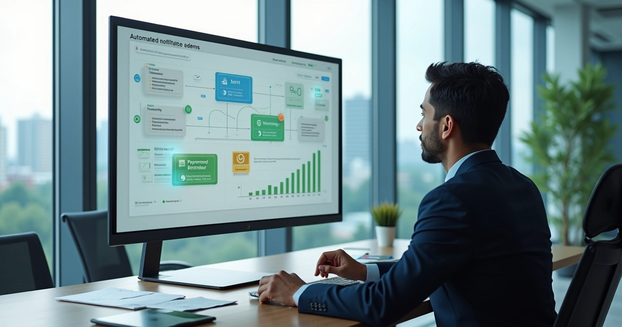 Advogado analisando painel digital com automação de notificações de cobrança 