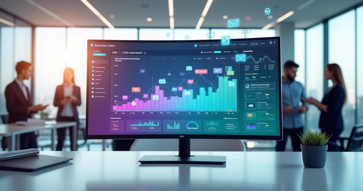 Painel de CRM com funil de leads e fluxos de automação em destaque 