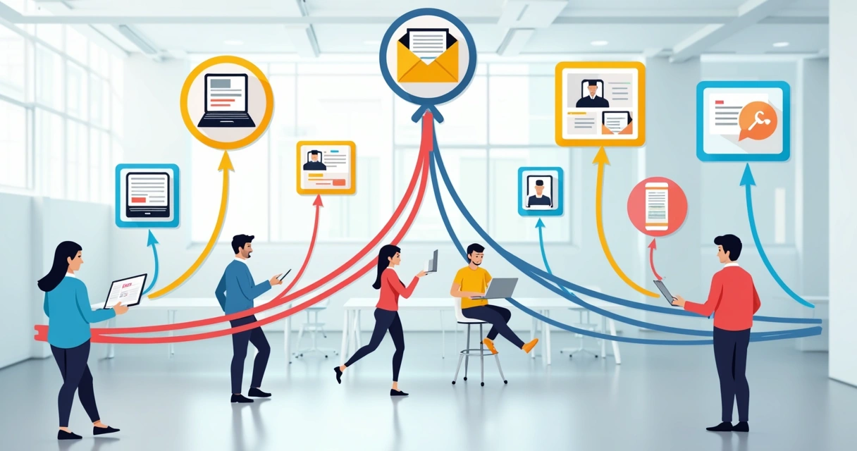 Diagrama colorido de fluxo de automação de nutrição de contatos digitais 