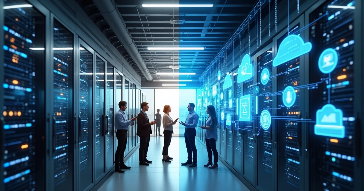Comparação visual entre servidores locais e uma solução na nuvem, mostrando fluxos de automação