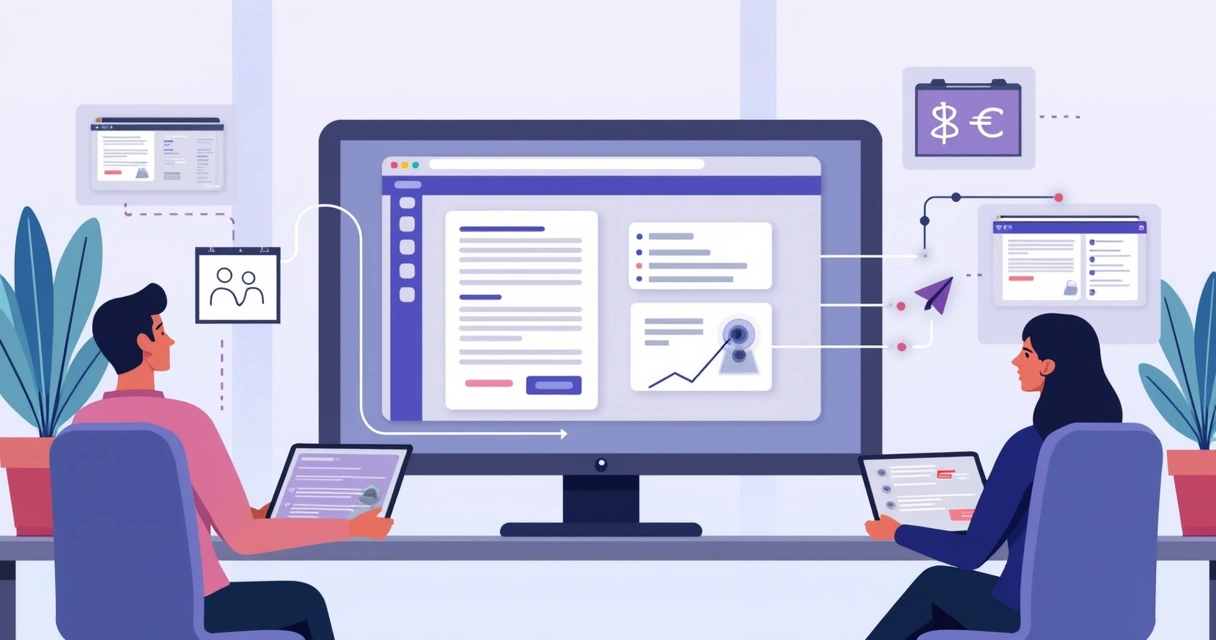 Ilustração de automação digital em plataforma de onboarding de parceiros, com fluxos automatizados, telas digitais e pastas sendo compartilhadas 