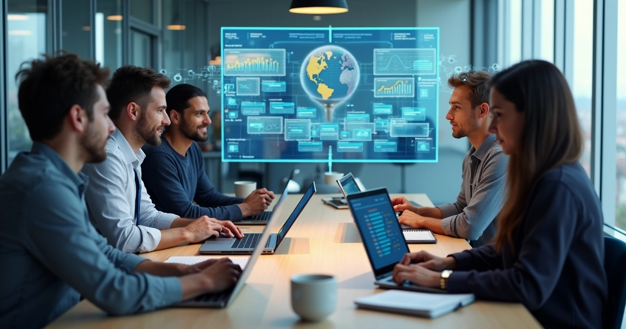 Equipe trabalhando ao redor de mesa com computadores e dispositivos, gráficos digitais e fluxos de automação na tela 