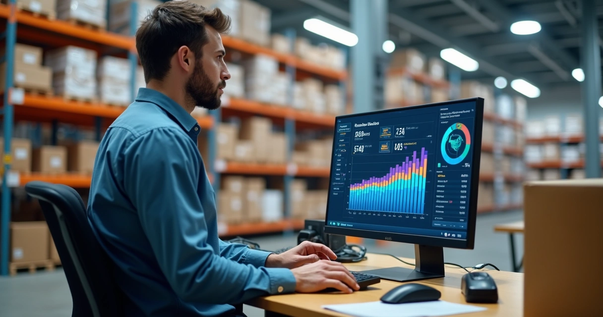 Funcionário operando sistema de gestão em distribuidora, tela com gráficos e estoque 