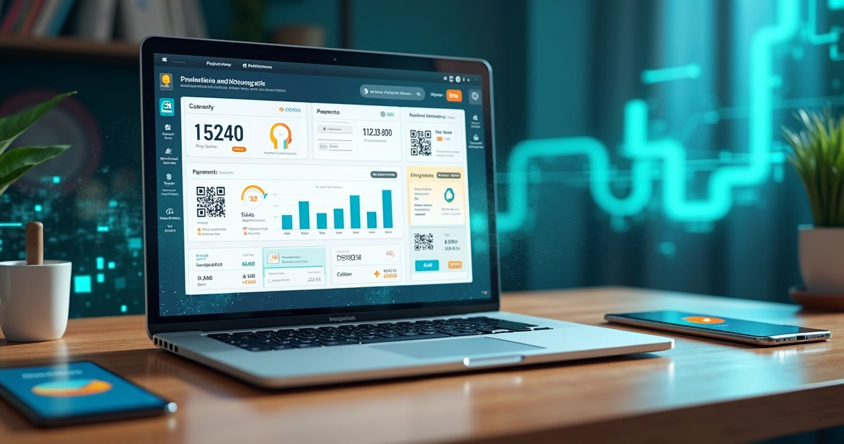 Mesa com laptop exibindo telas de integração de pagamentos Pix via API, com gráficos financeiros e códigos QR dinâmicos em fundo tecnológico azul e verde 