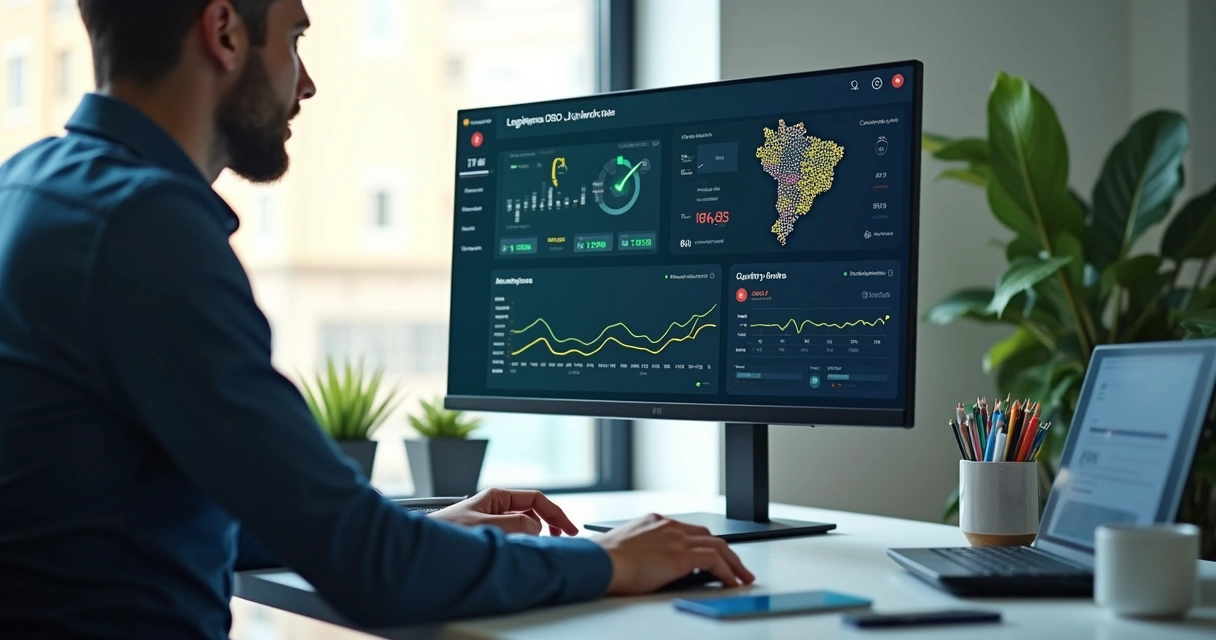 Dashboard de vendas e automação logística em tela de computador, mostrando status de pedidos e gráficos coloridos 