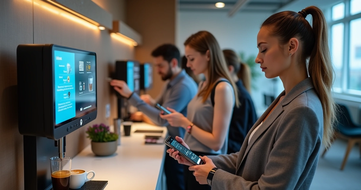 Funcionário retira bebida em ponto de coleta digital no escritório
