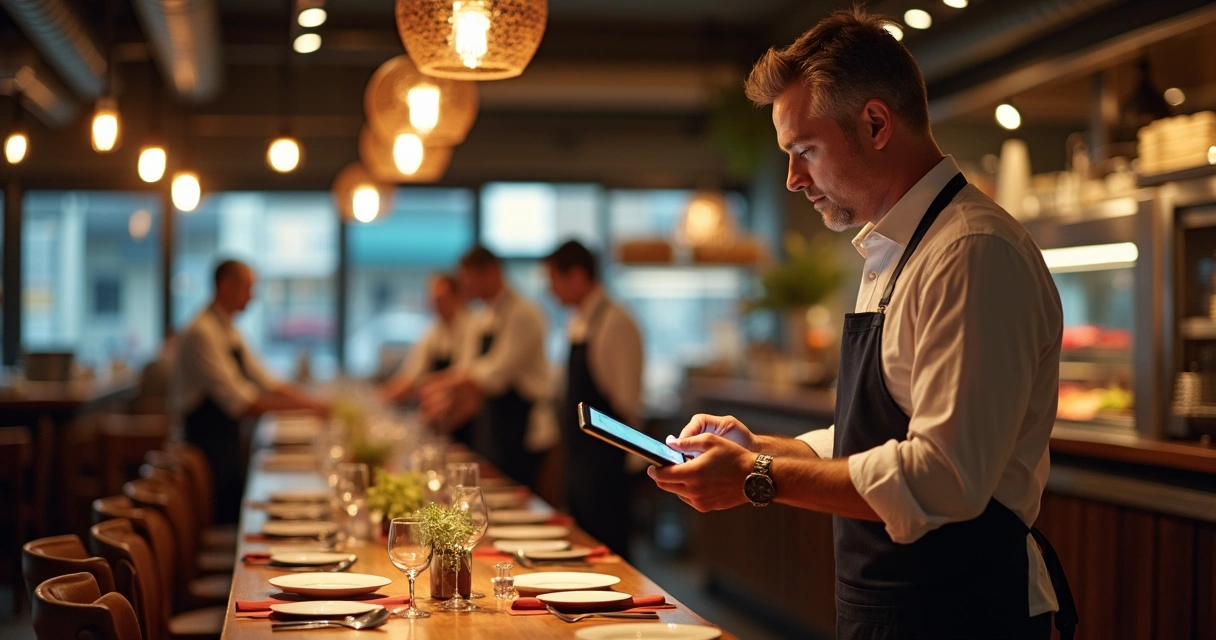 Garçom utilizando tablet para registrar pedido no balcão de restaurante 
