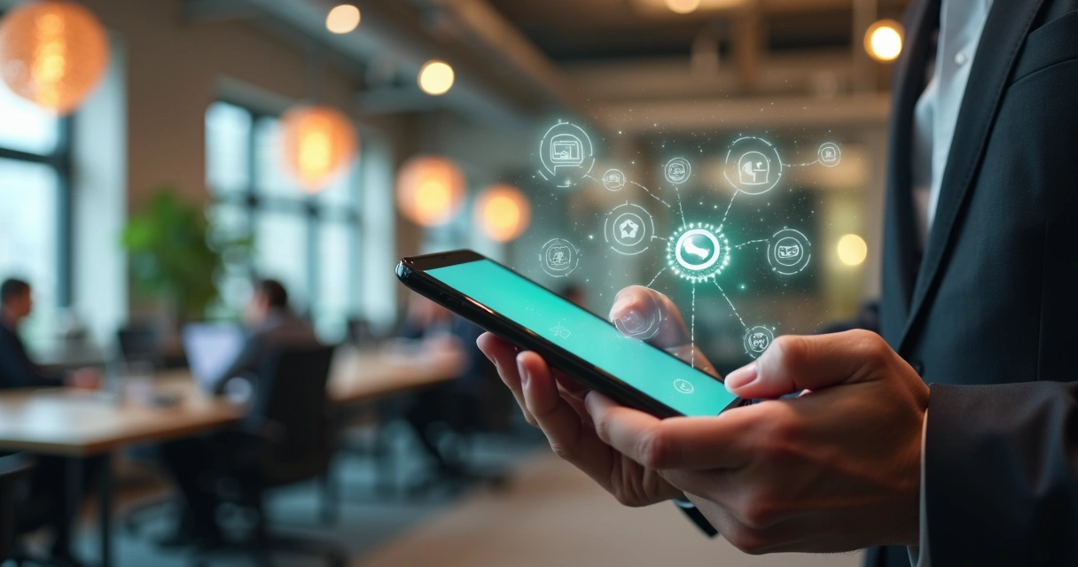 Pessoa usando smartphone com interface de chatbot no WhatsApp, ambiente de escritório moderno, elementos digitais flutuantes representando automação e inteligência artificial