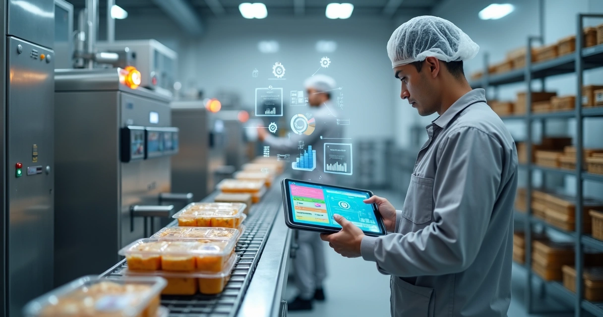Linha de produção moderna em pequena fábrica de alimentos com tablet controlando automação 