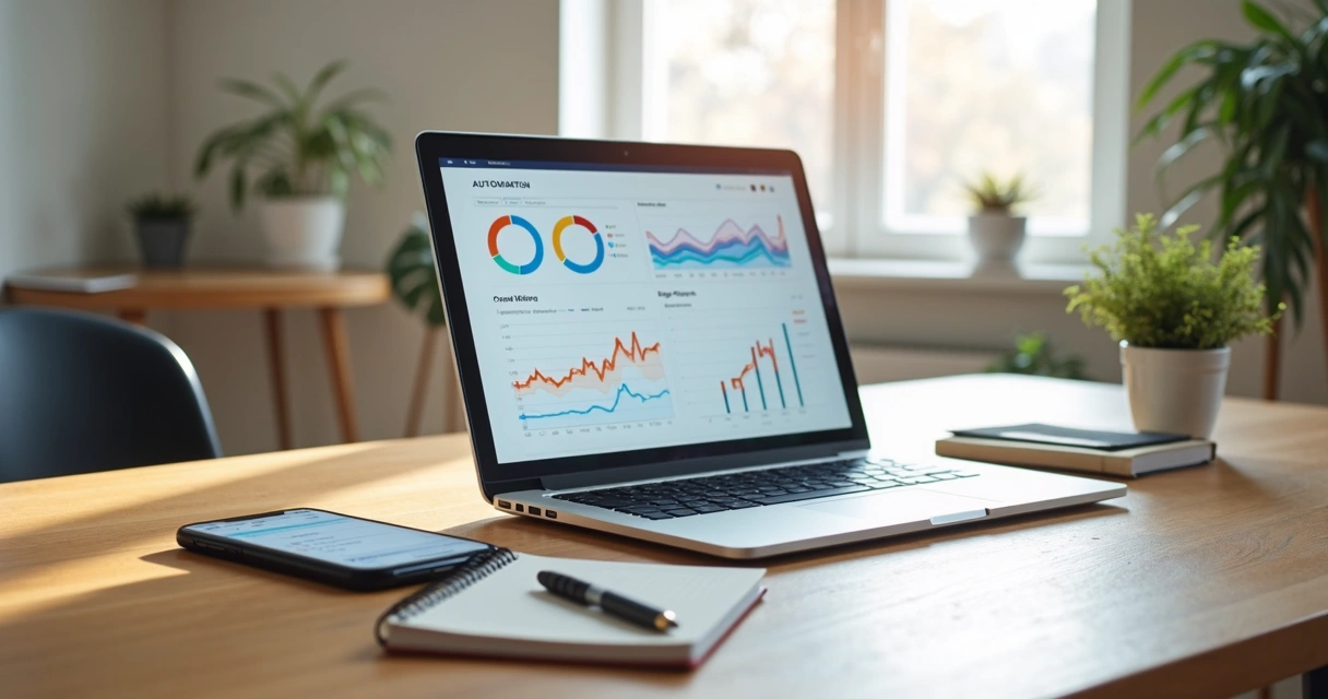 Mesa de trabalho com laptop mostrando gráficos de automação, ao lado smartphone com chatbot aberto, bloco de notas, caneta e planta verde no ambiente claro 
