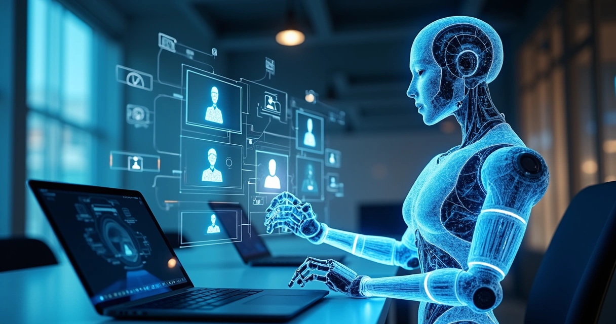 Robô digital clica em computadores mostrando atualização de perfil de empresa e informações fluem entre telas 