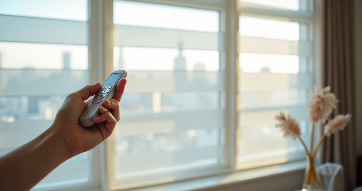 Mão segurando controle remoto para persiana automatizada