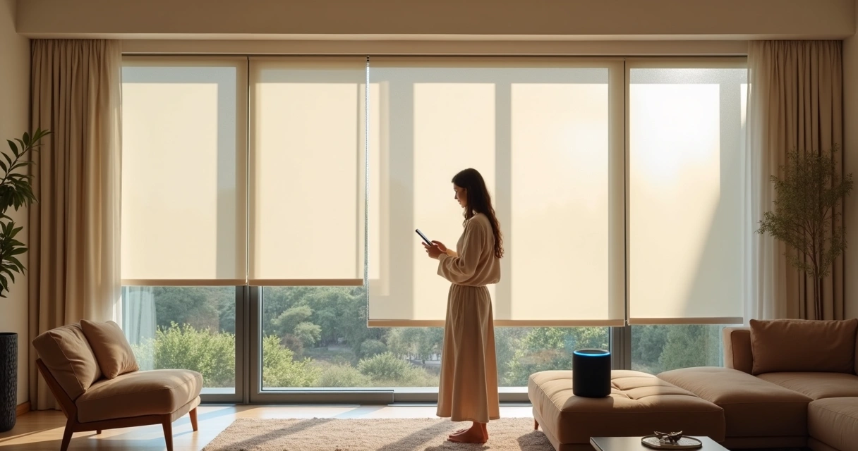 Sala com persianas motorizadas integradas a smart home com comando de voz