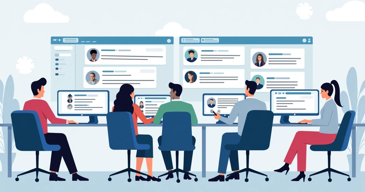 Equipe analisando mensagens automáticas no WhatsApp Business em computadores 