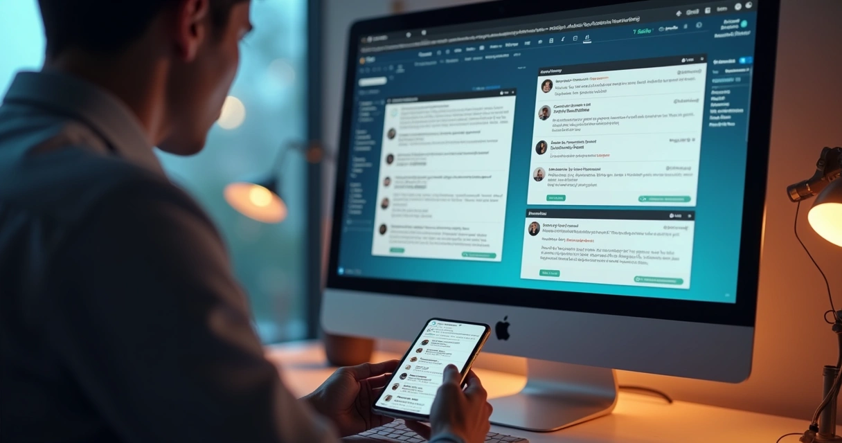 Ilustração de notificações automáticas em tela de computador e pessoa analisando detalhes no celular 