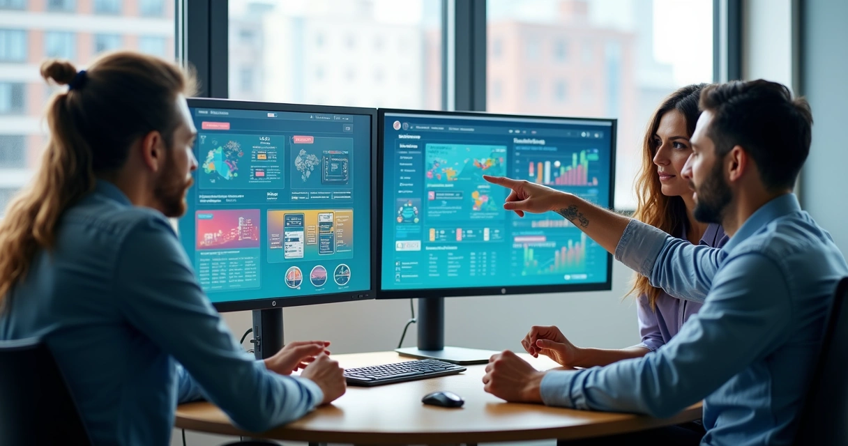 Equipe em escritório discutindo automação em telas de computador 