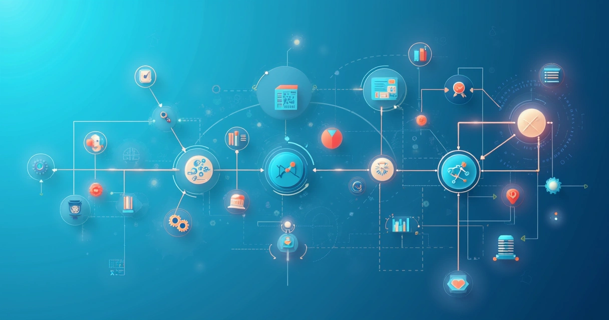 Ícones de automação conectando etapas do funil de vendas