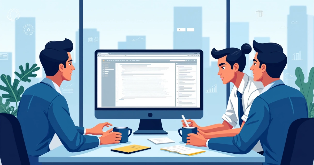 Colaboradores usando computador com Python e planilhas no escritório 