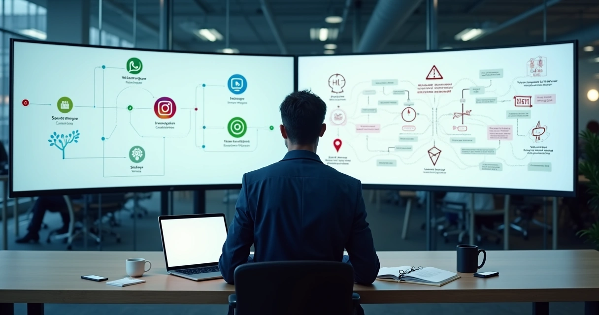 Gestor avaliando painel de automação plug and play com alertas de riscos e oportunidades 