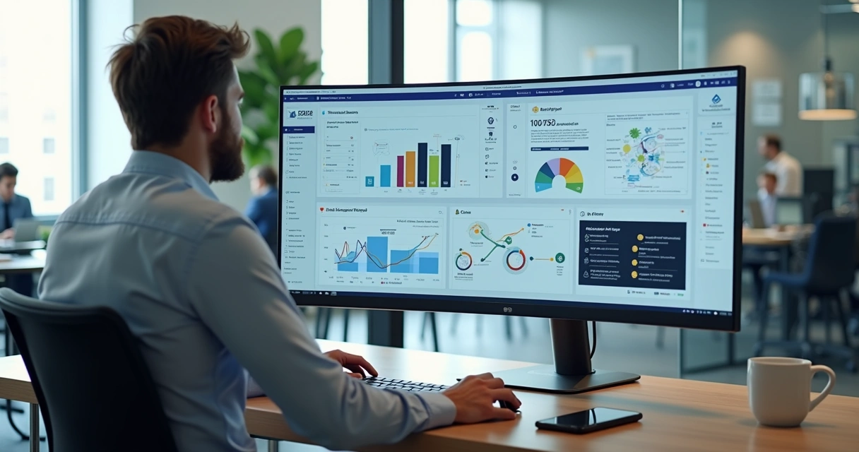 Gestor analisando opções de automação para pequena empresa em tela de computador ampla 