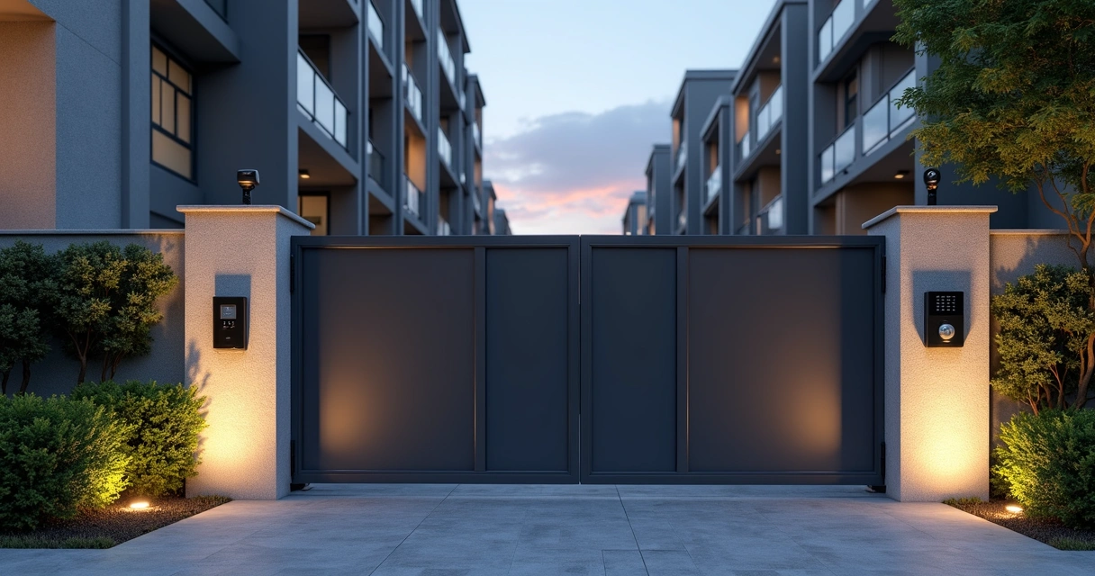 Sistema automático de portaria em condomínio moderno com portão e interfone eletrônico 