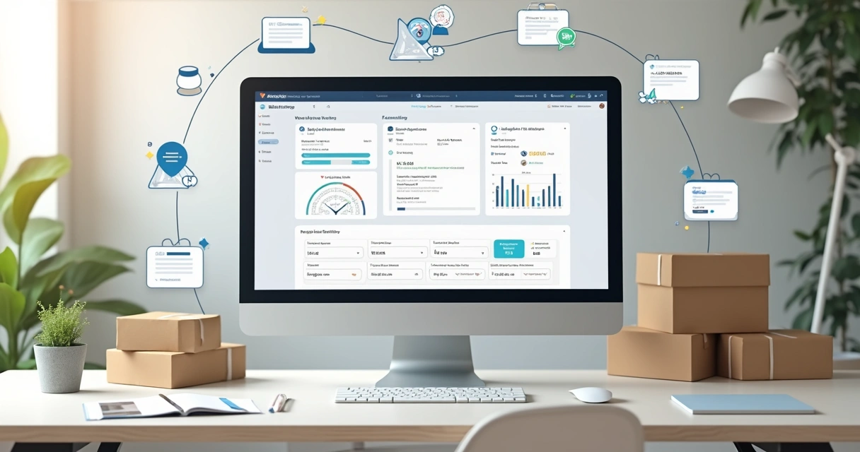 Tela de automação mostrando notificações de pós-venda conectadas a um painel de loja virtual