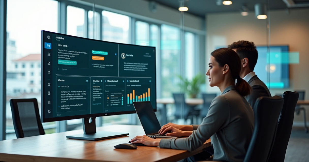 Equipe imobiliária acompanhando comunicação pós-venda automatizada em telas com gráficos e mensagens 