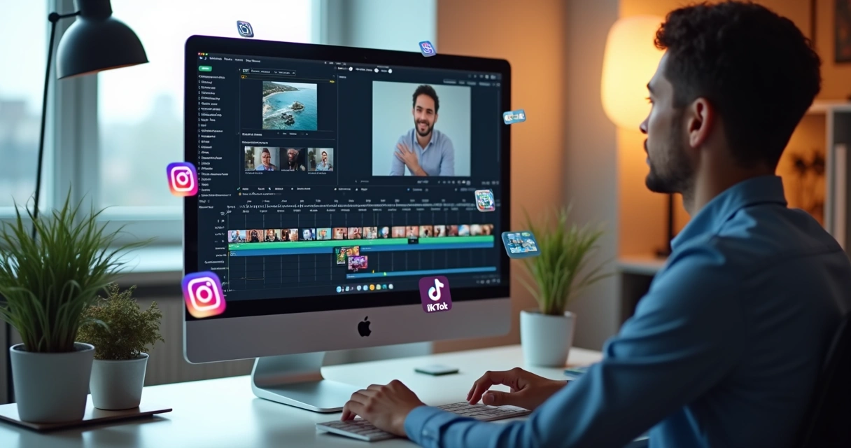 Pessoa editando vídeos em computador com interface de múltiplos cortes e ícones de redes sociais ao redor 