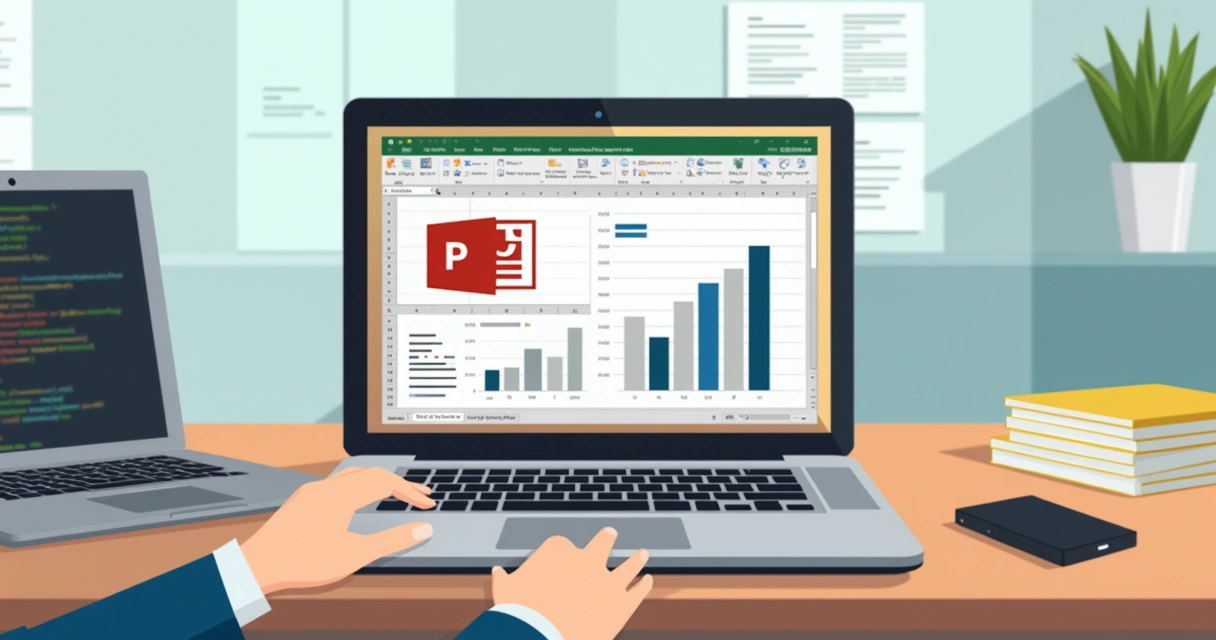 Notebook exibindo dois aplicativos lado a lado, PowerPoint e Excel, com visual de automação 