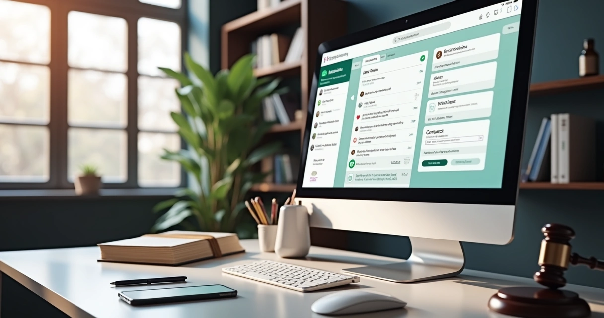 Tela de computador mostrando plataforma de automação para atendimento jurídico via WhatsApp com interface clara e moderna 