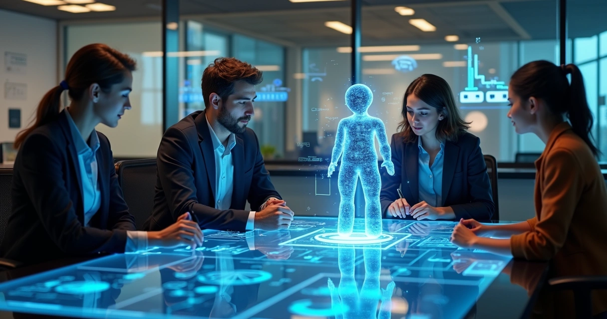 Assistente digital interagindo com equipe de pré-venda em ambiente corporativo moderno e tecnológico