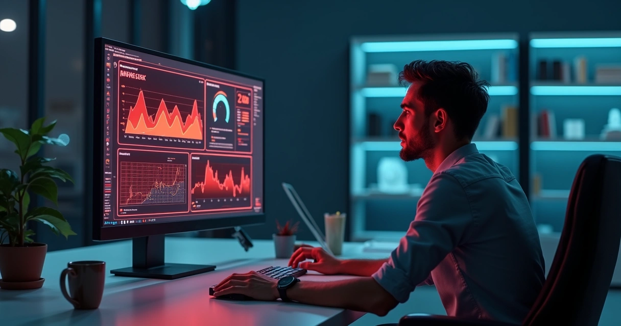 Pessoa frustrada diante de tela com gráficos e alertas vermelhos sobre automação na empresa 