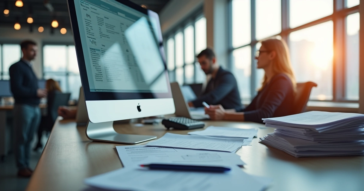 Automação de processos contábeis com computadores e pilhas de papéis ao redor 