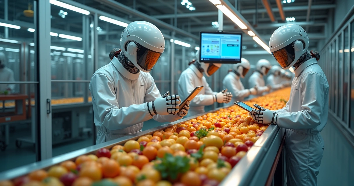 Robôs e sensores em linha de produção agrícola automatizada 