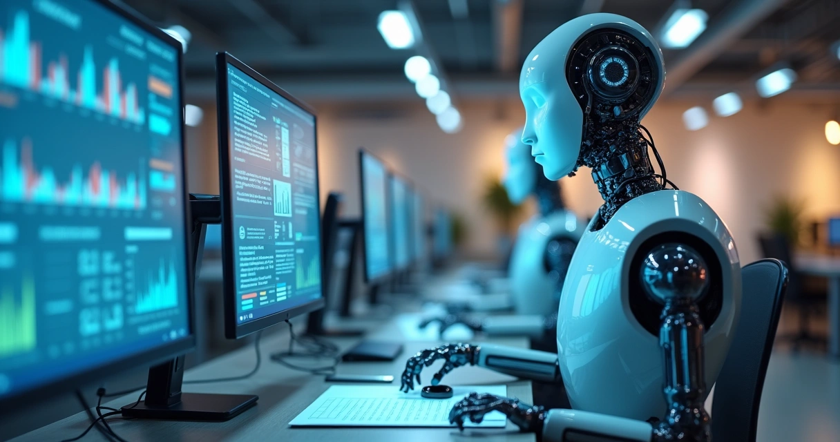 Processo empresarial sendo automatizado por robôs digitais com painéis de dados 