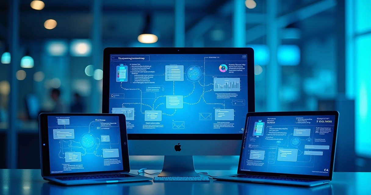 Automação no processo de fechamento de vendas ilustrada por diferentes telas digitais 