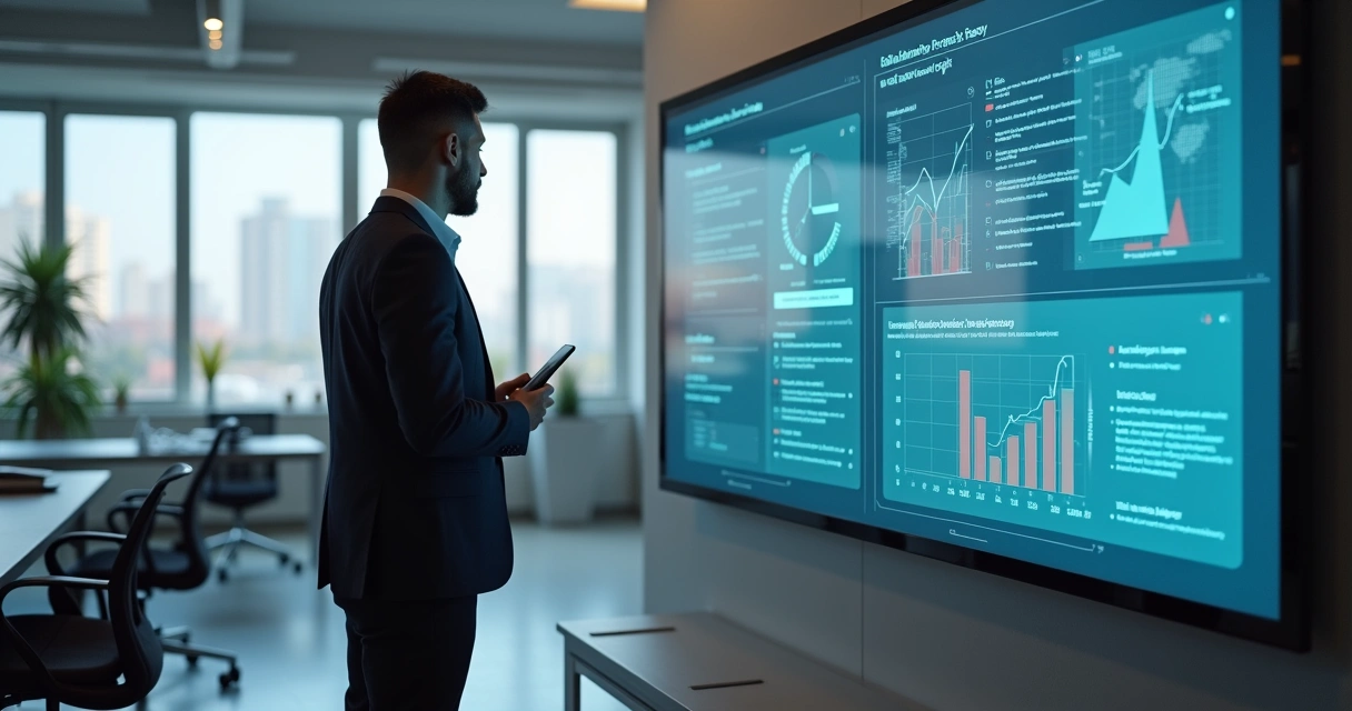Gestor analisando relatórios de automação em ambiente corporativo moderno 