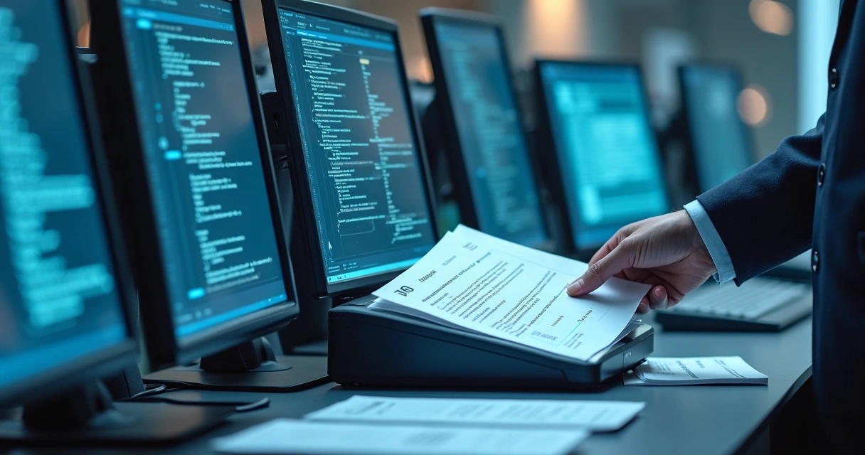Robôs digitais processando documentos em telas 