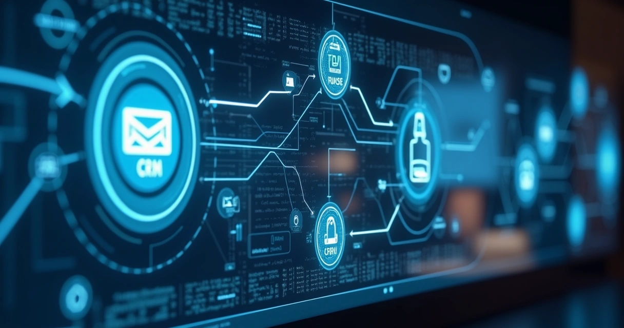 Automação de processos comerciais com ícones conectando etapas de vendas e tecnologia ao fundo 