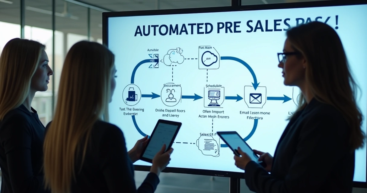 Fluxo automatizado de tarefas de pré-venda mostrado em diagrama digital 