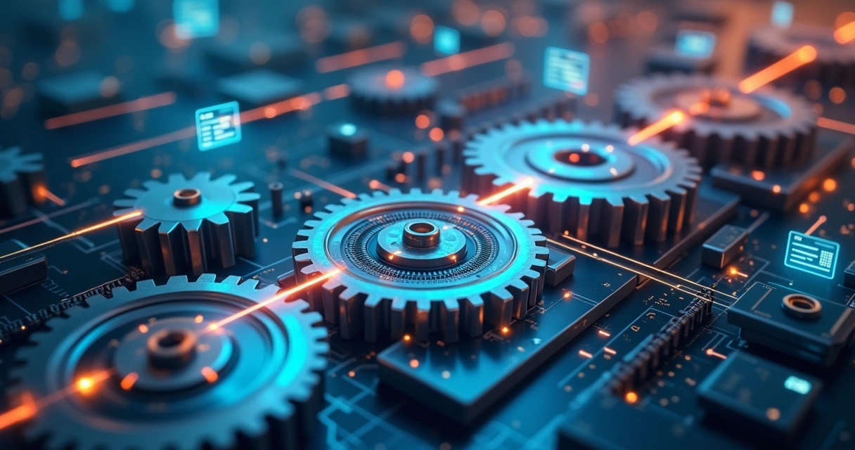Engrenagens digitais e linhas de código mostrando automação de processos empresariais 