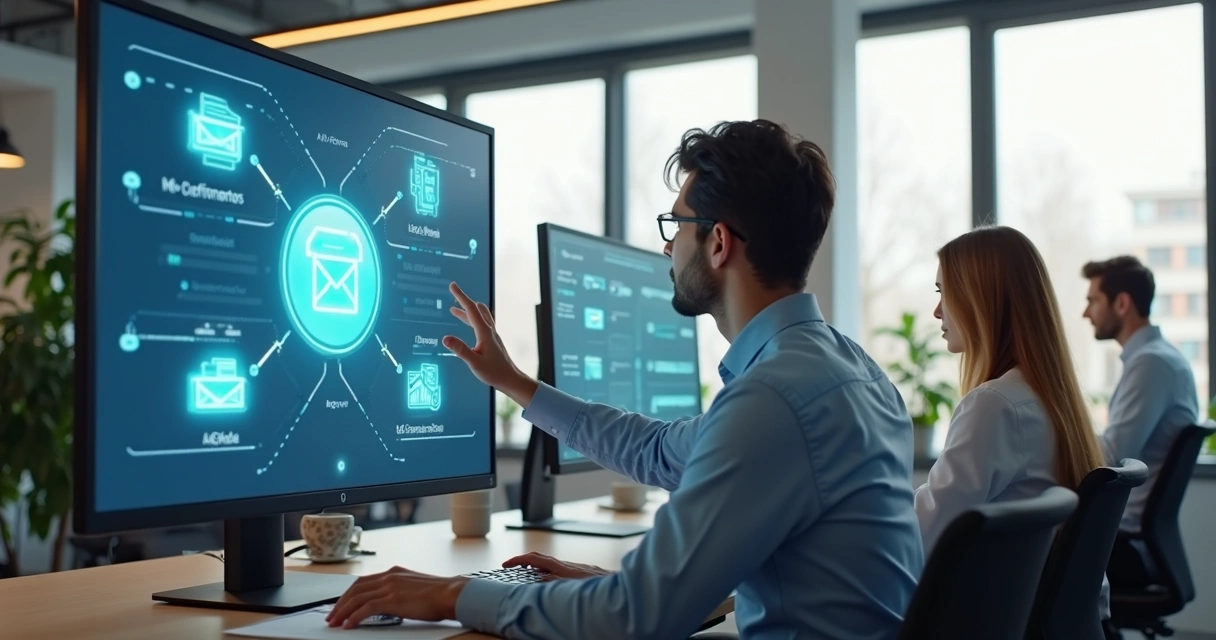 Robo digital automatizando tarefas administrativas no computador do escritório 