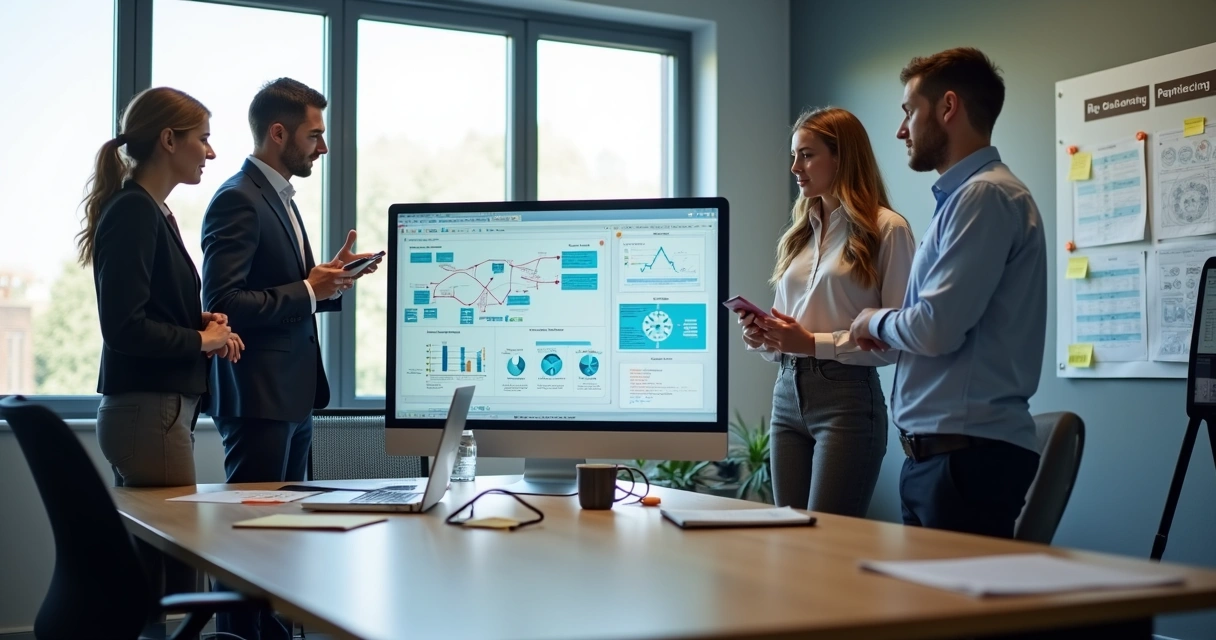 Equipe de escritório analisando fluxos automatizados de processos administrativos exibidos em monitores. 