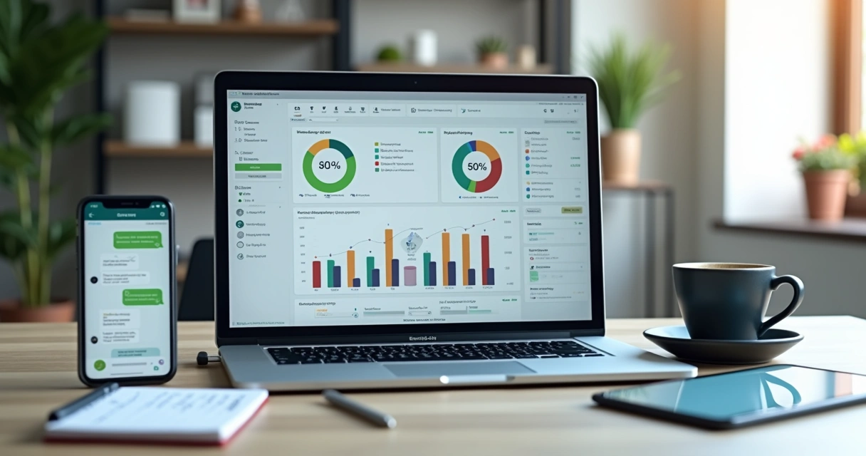 Mesa de escritório moderna com laptop aberto mostrando automação de processos administrativos e gráficos digitais em tela 