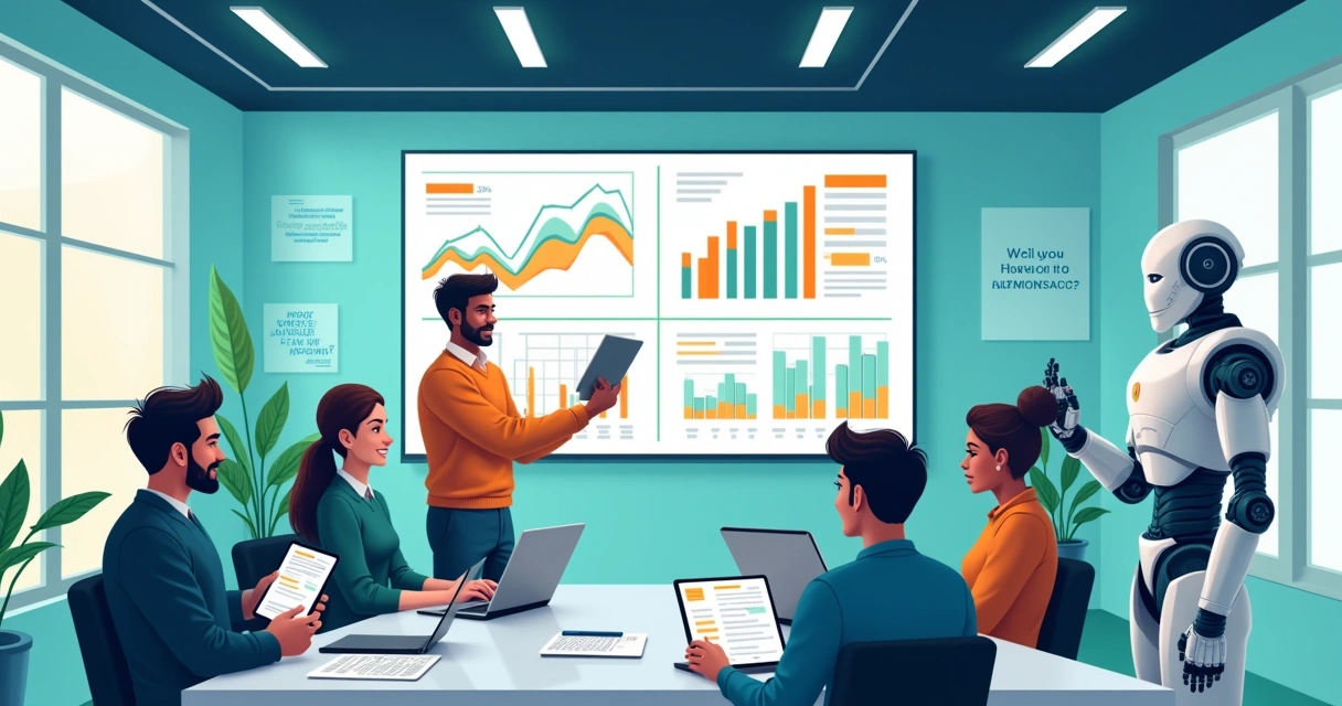 Ambiente de escritório moderno com equipe utilizando tecnologia de IA para automatizar processos administrativos.