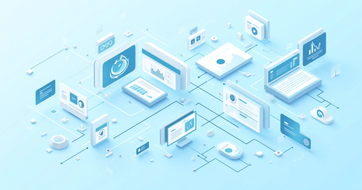 Fluxo automatizado de tarefas em agência de marketing digital com computadores conectados mostrando gráficos e notificações. 
