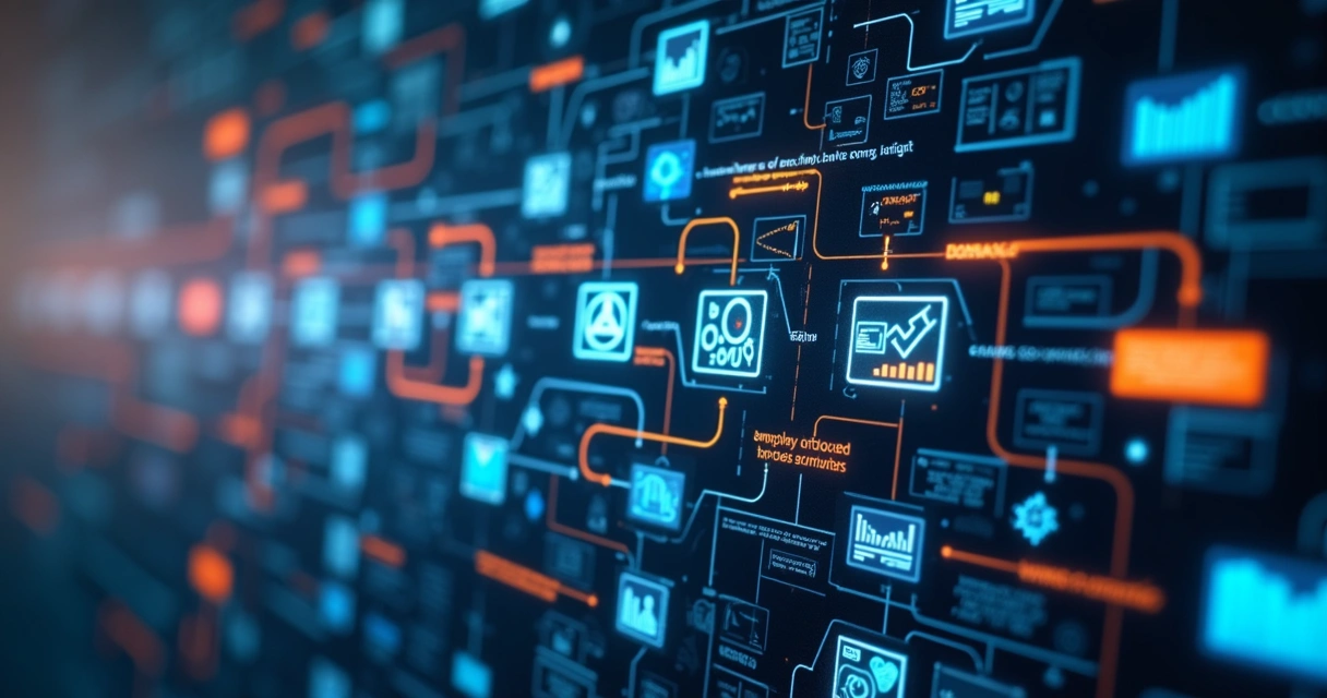 Fluxo de automação digital com ícones de tarefas e processos interligados 