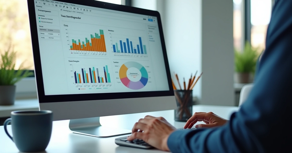 Computador com planilhas automatizadas e gráficos financeiros em tela. 