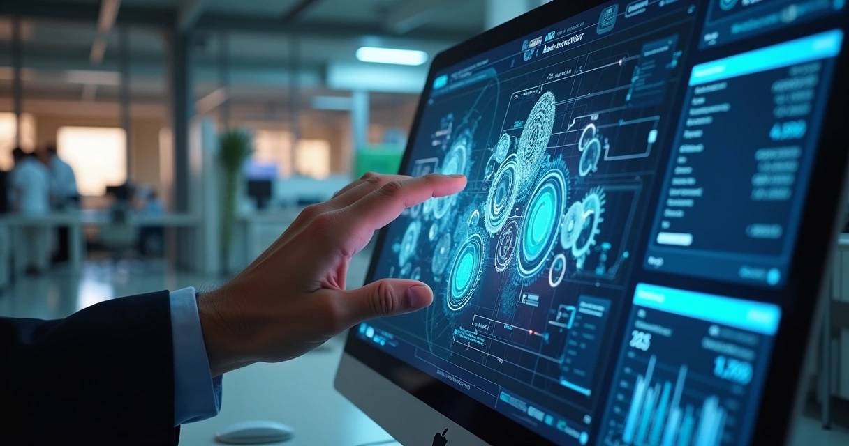 Fluxo automatizado de processos financeiros exibido em tela com gráficos e engrenagens 